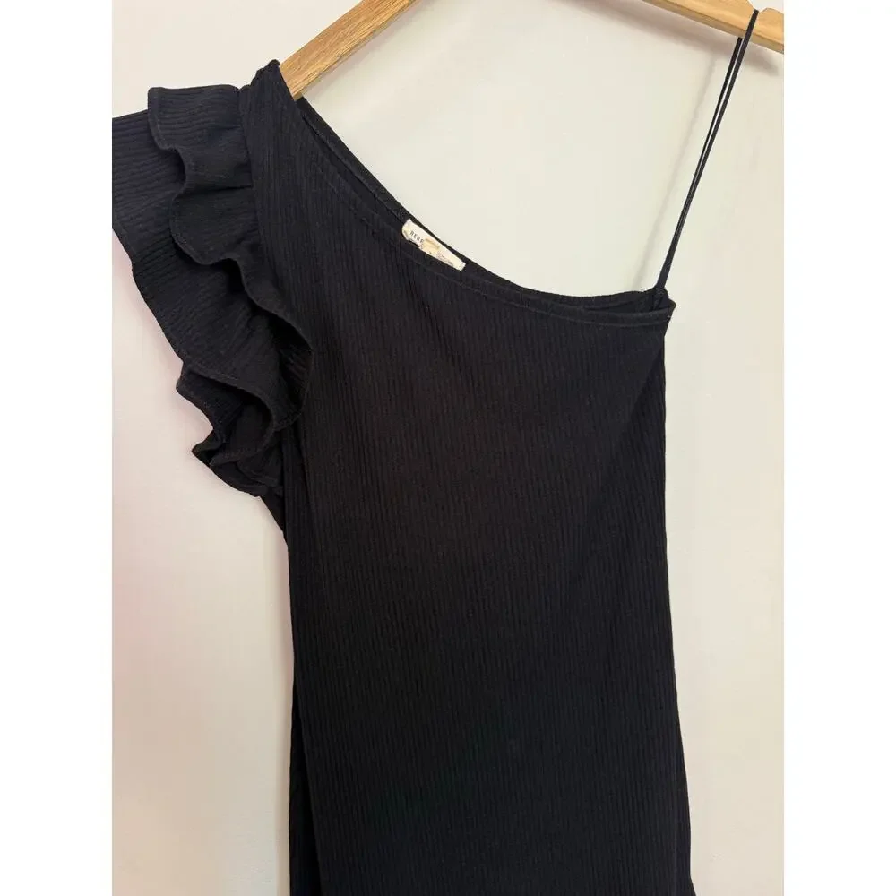Rebecca Taylor One Shoulder Ribbed Black Jersey Dress Size XS